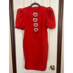 Red Bodycon Dress Rhinestone Heart Puff‎ Sleeve Party Cocktail Size M